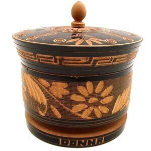 Hand Carved Handmade Wood Trinket Jewelry Box Jar w/ Lid Personalized Donna 5x4"